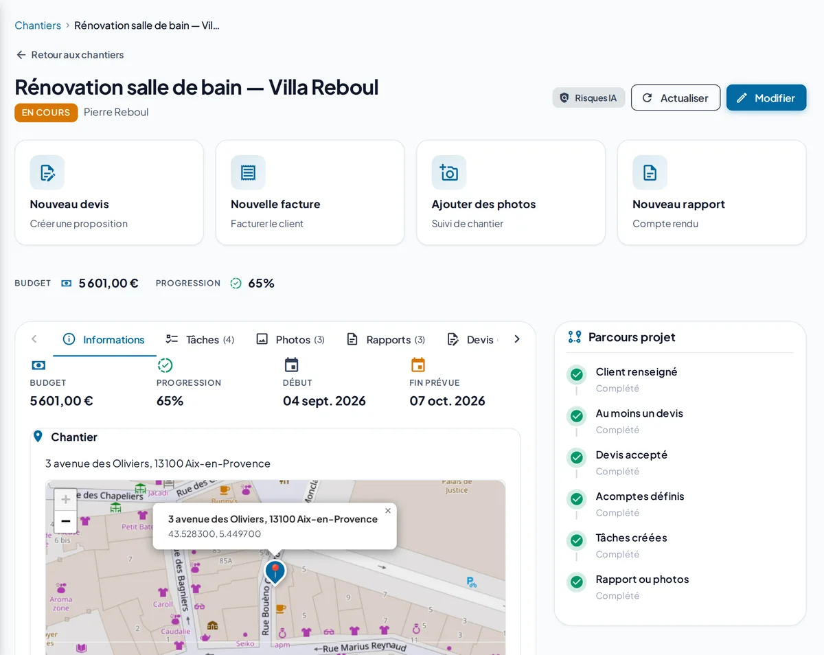 Fiche d'un chantier dans ArtiSys : budget, progression, parcours du projet