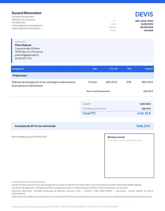Devis DEV-2026-0005 de Durand Rénovation pour Pierre Reboul, accepté : rénovation de salle de bain en 6 lignes, 5 601 € HT, 6 161,10 € TTC, acompte de 30 % (1 848,33 €), conditions de règlement, assurance décennale et SIRET