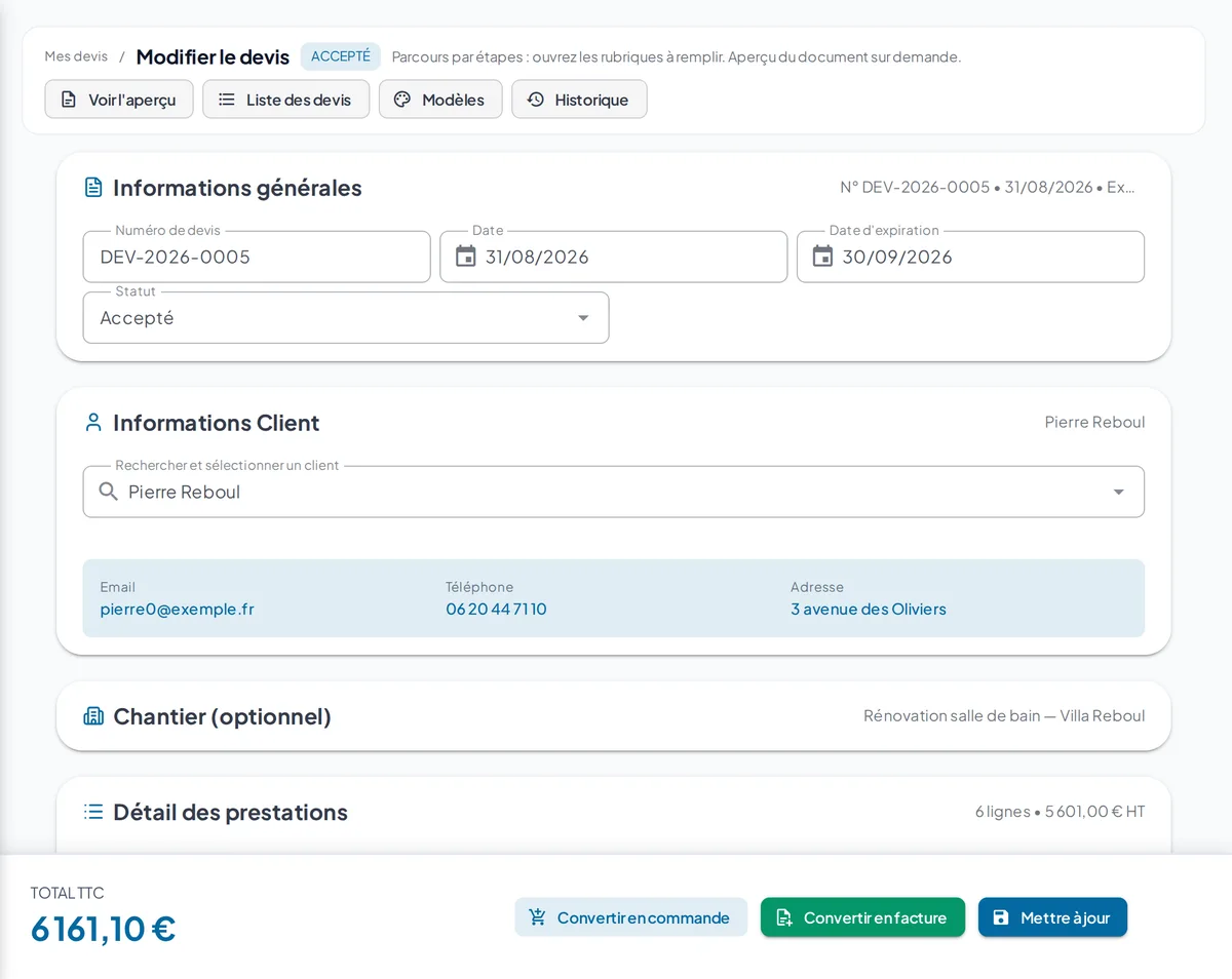 Écran de modification d'un devis dans ArtiSys : informations générales, client et détail des prestations