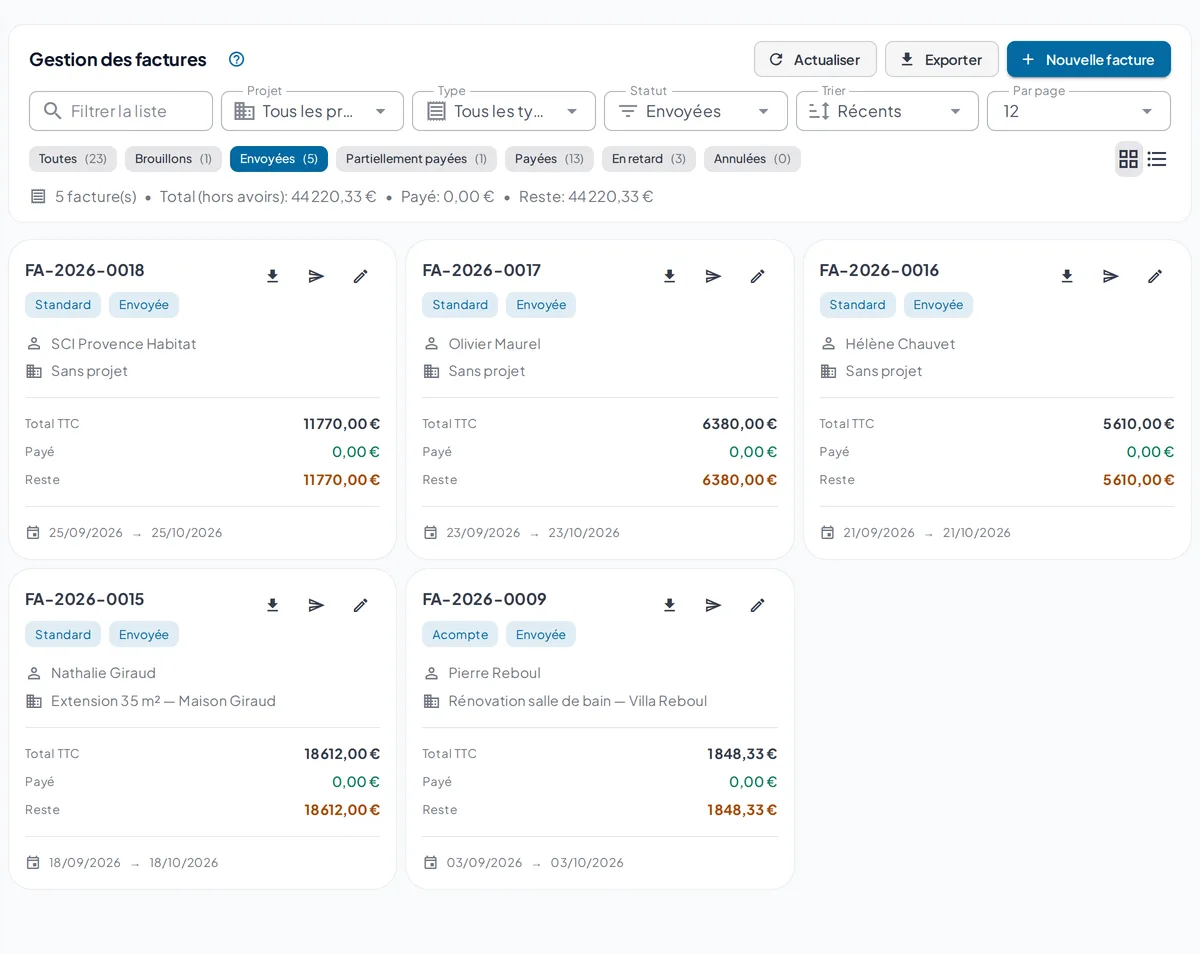 Liste des factures dans ArtiSys avec total, payé et reste à payer