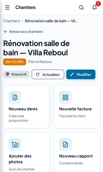 Fiche d'un chantier dans ArtiSys : budget, progression, parcours du projet