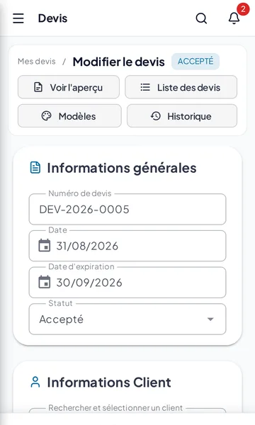 Écran de modification d'un devis dans ArtiSys : informations générales, client et détail des prestations
