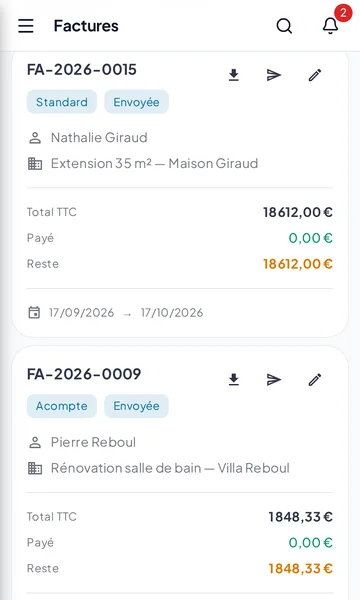 Liste des factures dans ArtiSys avec total, payé et reste à payer