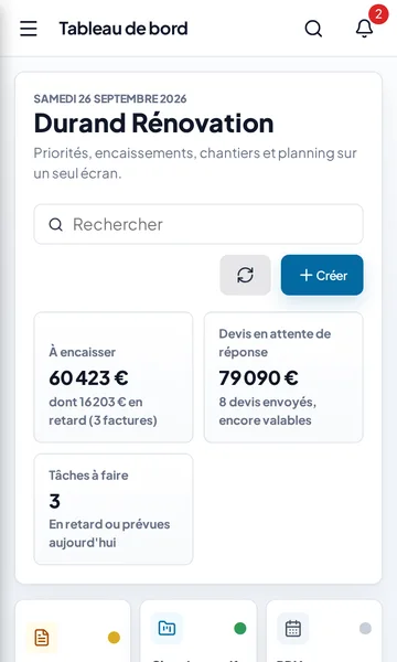 Tableau de bord ArtiSys : montants à encaisser, factures en retard, actions prioritaires