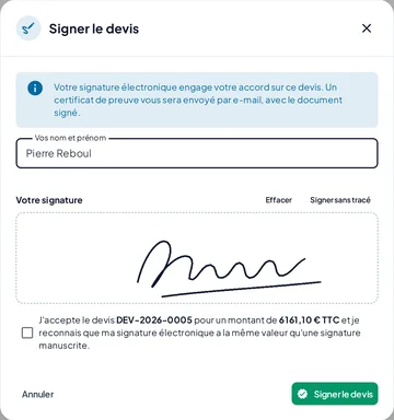 Portail client ArtiSys : fenêtre de signature électronique d'un devis