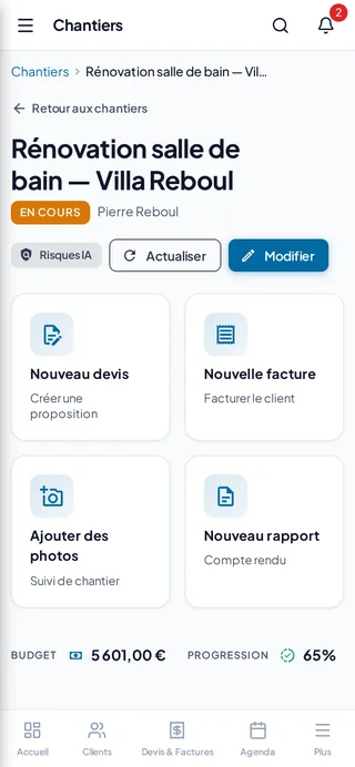 Fiche chantier ArtiSys sur téléphone