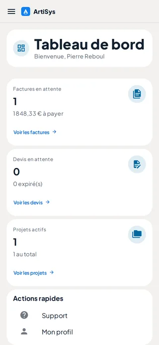 Espace client ArtiSys sur téléphone : factures, devis et projets du client